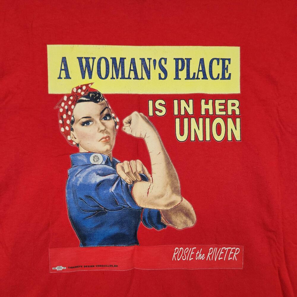 Vintage Rosie The Riveter Shirt Mens XL Red A Womans Place Graphic Union Y2K 90s